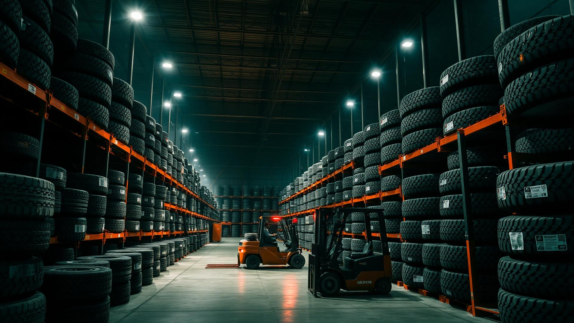 VALUEX TIRE wholesale warehouse with stacked commercial and trailer tires